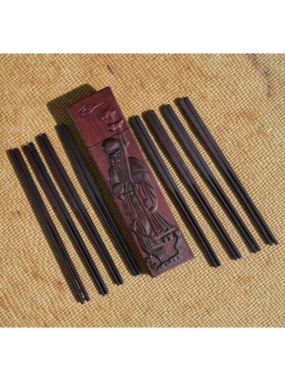 Vintage Chinese Hand Carved Wood Chopstick Box Set 16 Chopsticks Hinged Holder